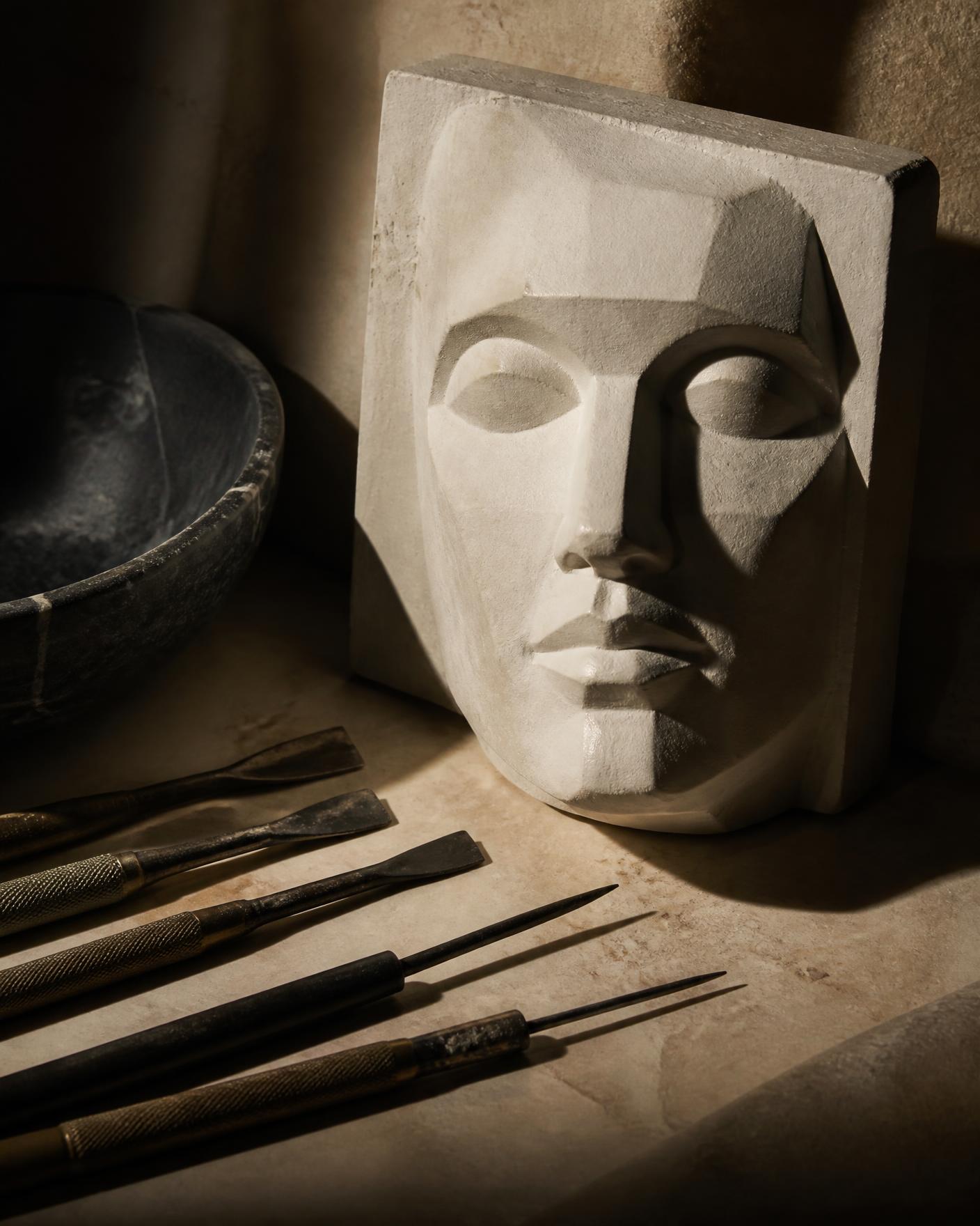 Sculptor's tools beside a stone study of a human face
